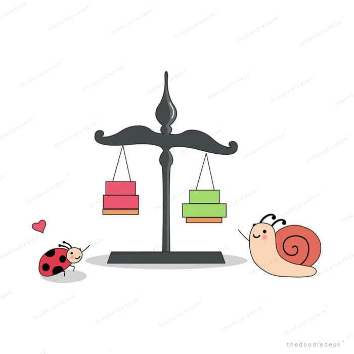 Ladybug and snail on either side of a balance scale weighing stacks of books