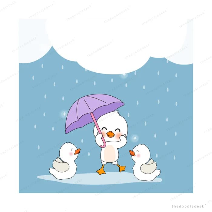Three ducks in the rain with the middle one holding a purple umbrella