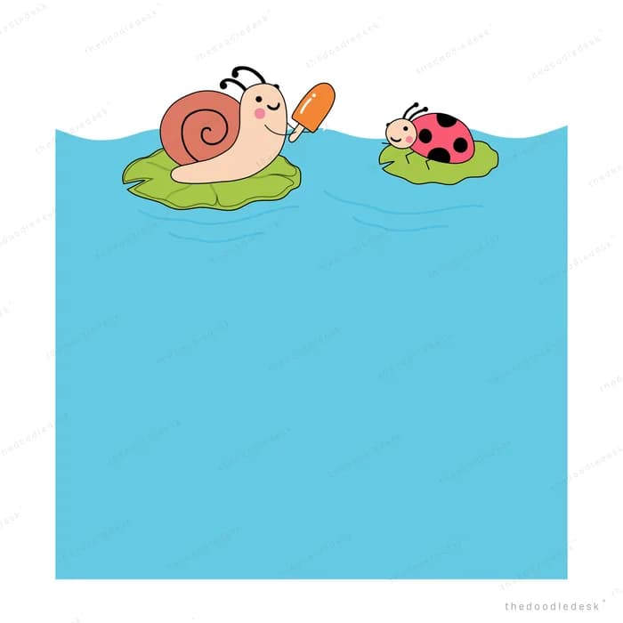 Snail and ladybug floating on lily pads in blue water eating ice lollies