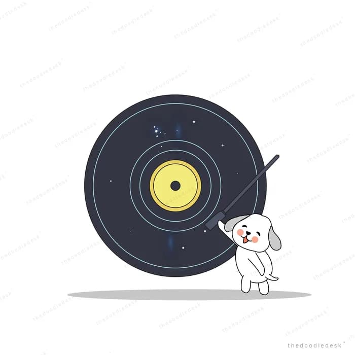 White puppy standing beside a giant spinning vinyl record