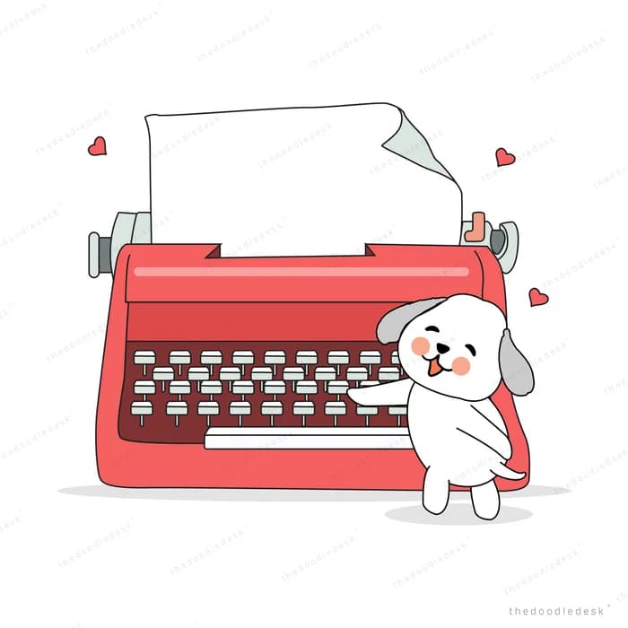 White puppy typing on a big red typewriter