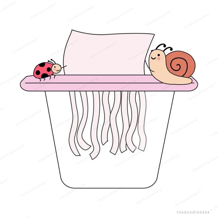 Ladybug and snail perched on a paper shredder feeding a sheet through
