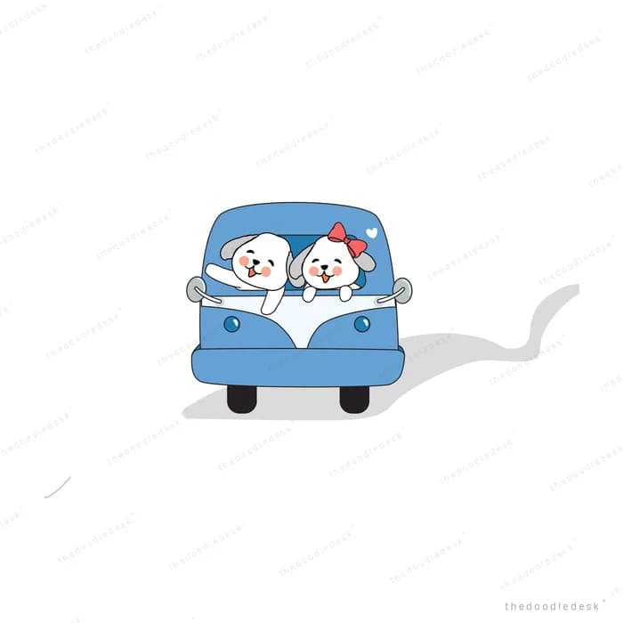 Two white puppies driving a blue car together