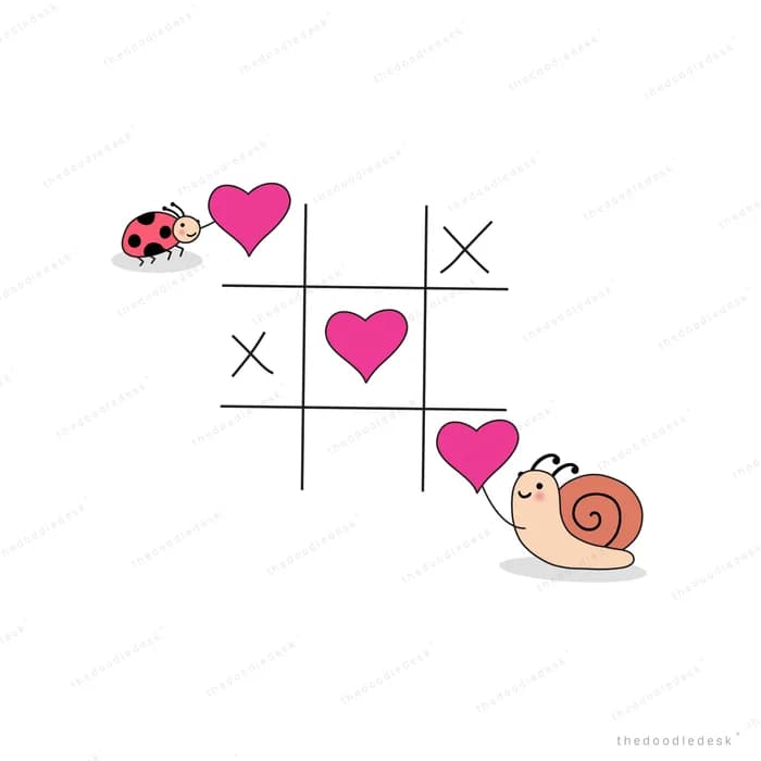 Ladybug and snail playing noughts and crosses with hearts on a grid