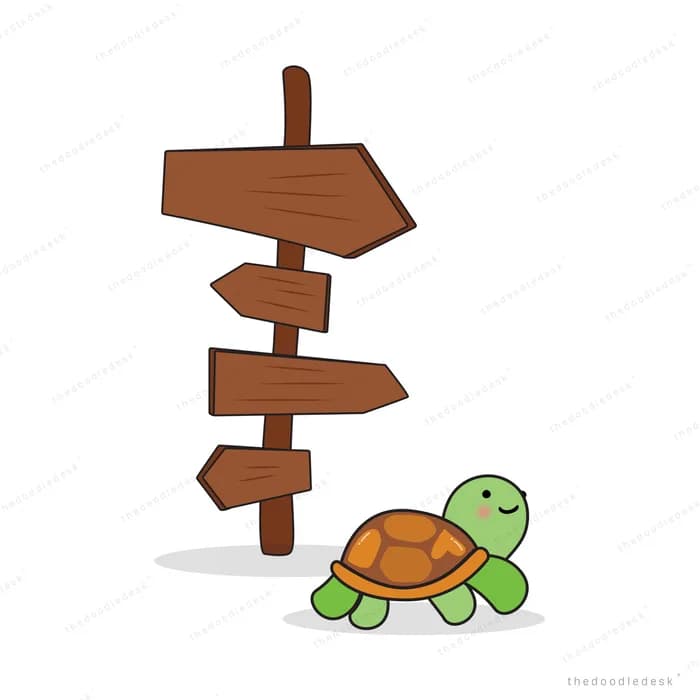 Turtle standing beside a wooden signpost with several direction arrows