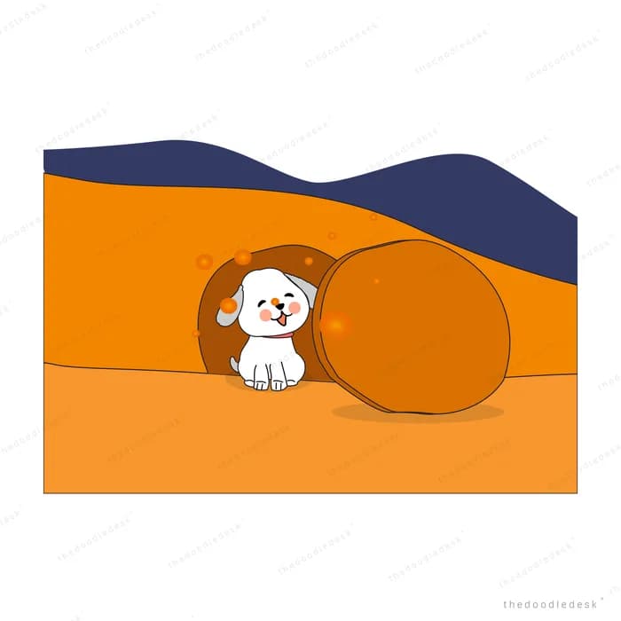 White puppy peeking out of a burrow in an orange dune landscape