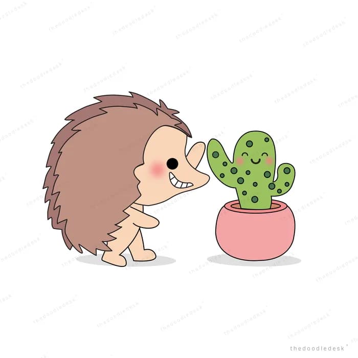 Hedgehog leaning nose to nose with a smiling potted cactus