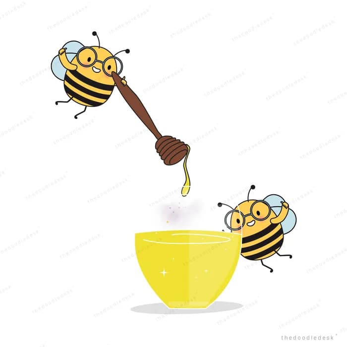 Two bees drizzling honey from a dipper into a steaming yellow cup