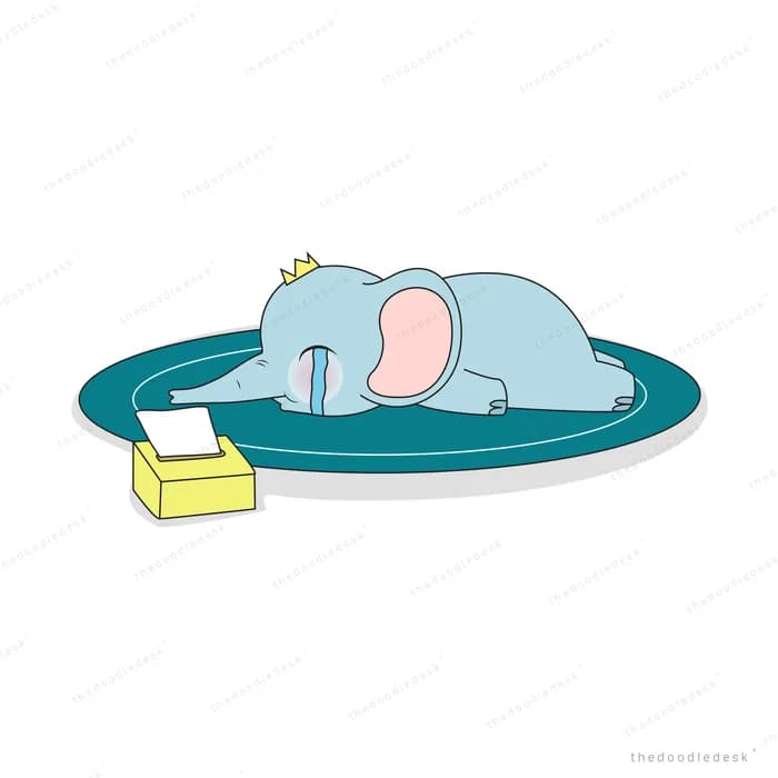 Baby elephant lying in bed with a thermometer and a tissue box nearby