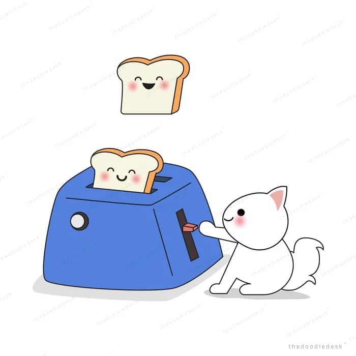 White cat pressing a blue toaster as smiling toast slices pop out