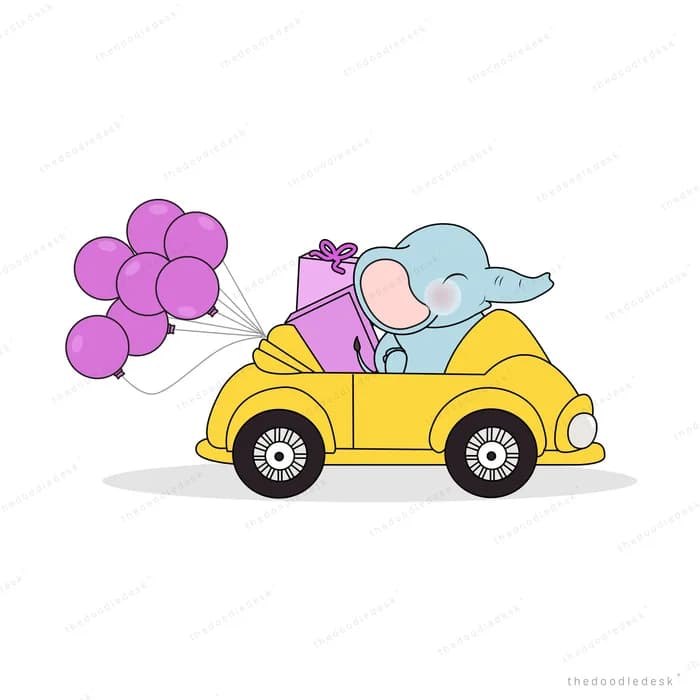 Elephant driving a yellow car loaded with a gift and purple balloons