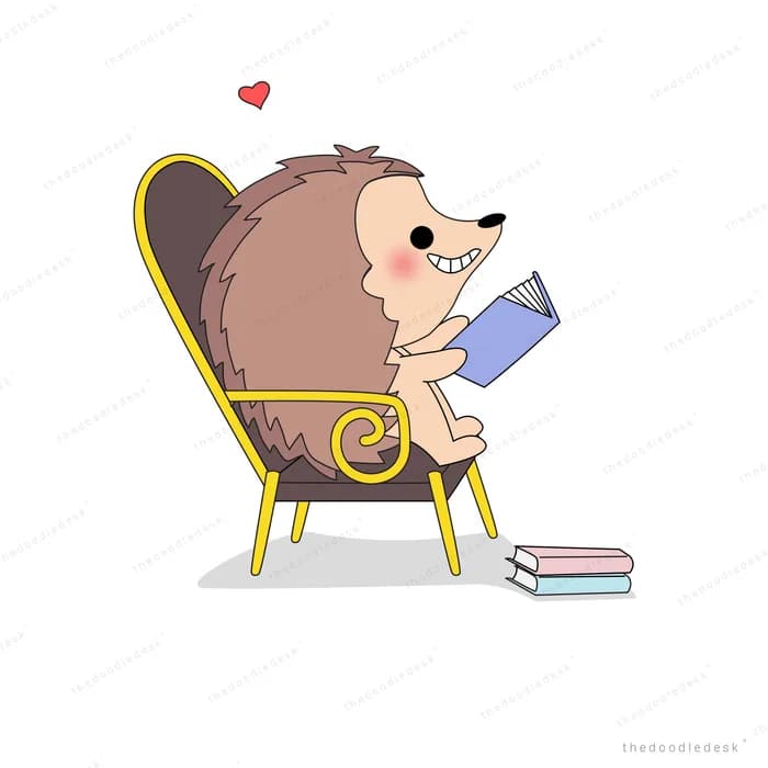 Hedgehog reading a book in a yellow armchair beside a stack of books