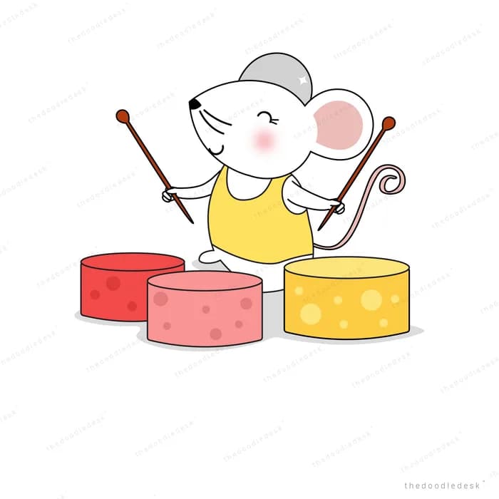 Mouse in a yellow apron drumming sticks on a set of cheese wheels