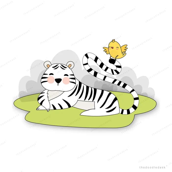 White tiger lying on grass with a yellow chick perched on its tail