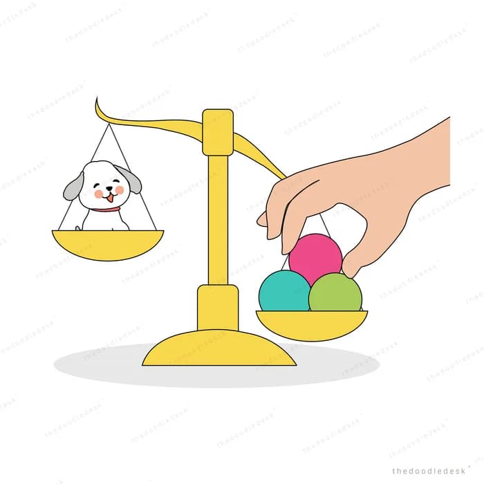 Hand adding coloured balls to a balance scale weighing a white puppy