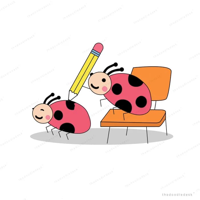Two ladybugs at an orange chair with one holding an oversized pencil