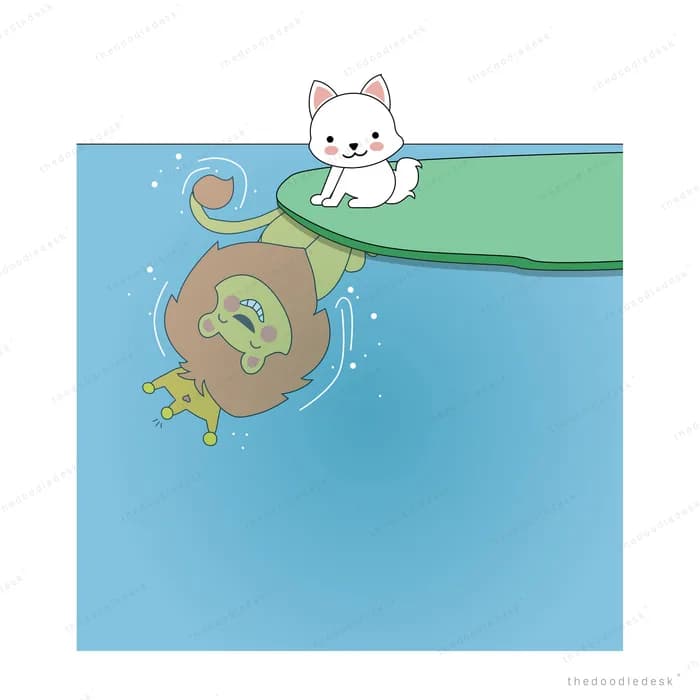 White cat on a green ledge watching a fish swim in blue water below