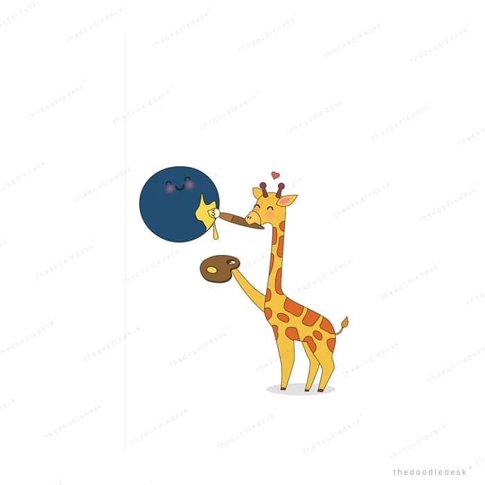 Giraffe holding a palette and painting a yellow star onto a dark blue planet