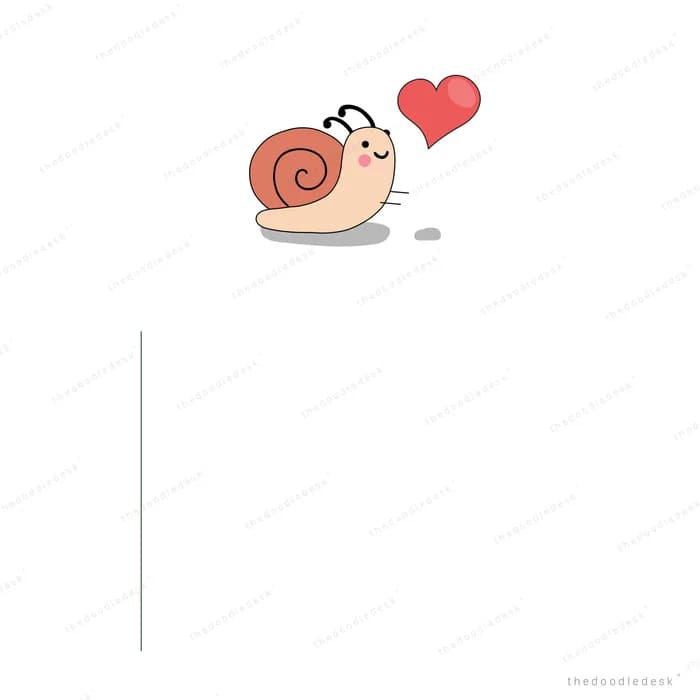 Snail gazing up at a floating red heart on a mostly empty field
