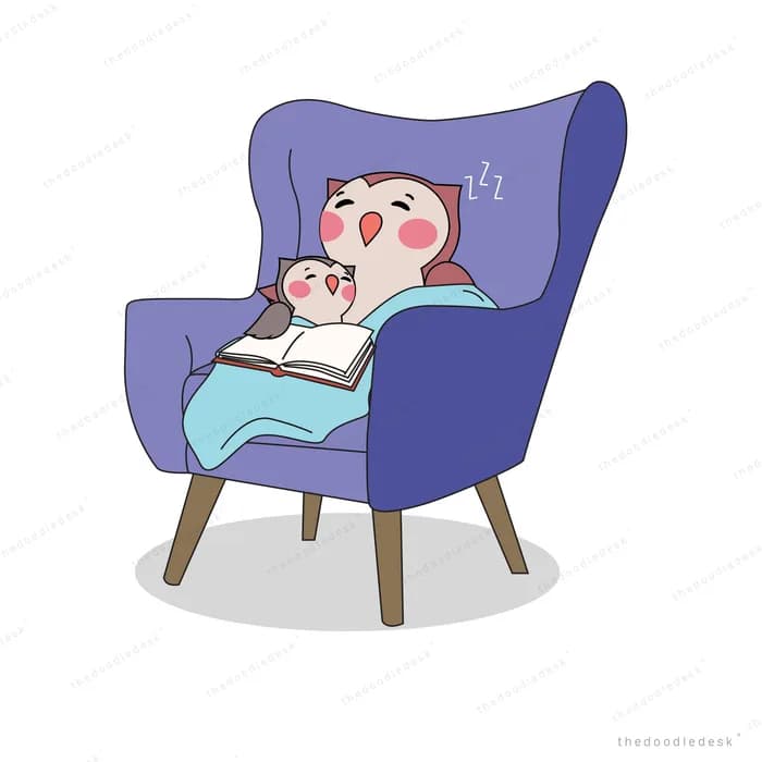 Mother owl and baby owl asleep under a blanket in a purple armchair with an open book