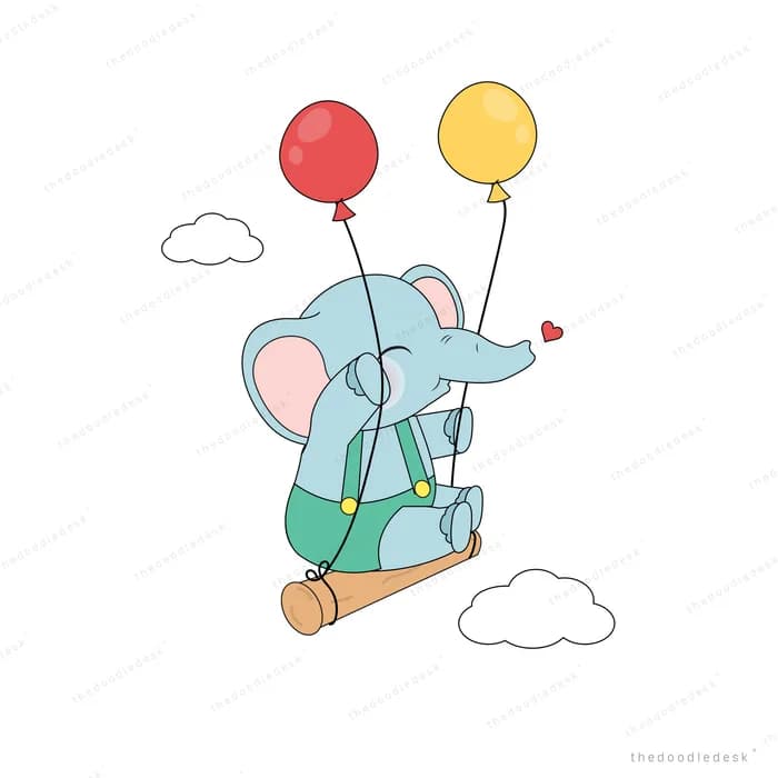 Elephant in dungarees on a swing holding red and yellow balloons among clouds