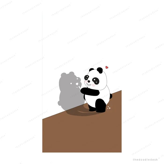 Panda sitting on a brown ledge waving at its own grey shadow