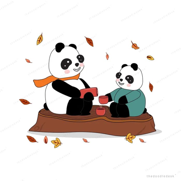 Two pandas sharing cups of tea on a log among falling autumn leaves