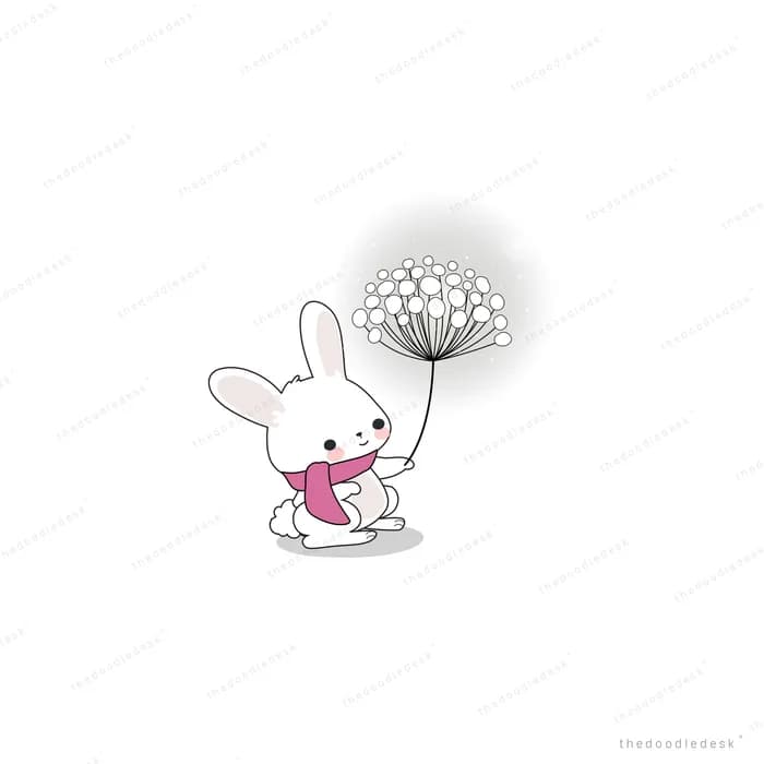 White rabbit in a pink scarf holding a giant dandelion puff