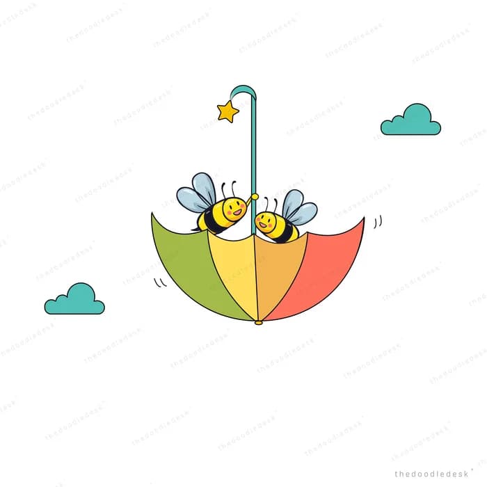 Two bees riding an upturned rainbow umbrella through the clouds