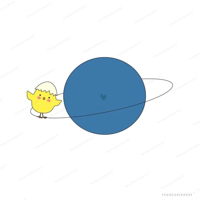 Yellow chick floating beside a large blue ringed planet