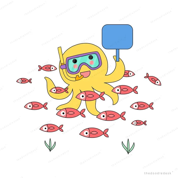 Octopus in a snorkel mask holding a blank blue sign among red fish