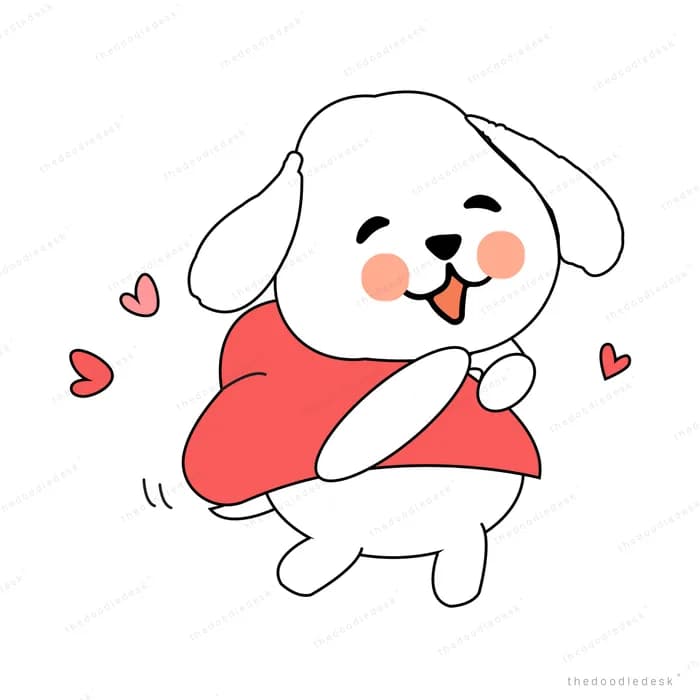 White puppy in a red top skipping along with hearts around it