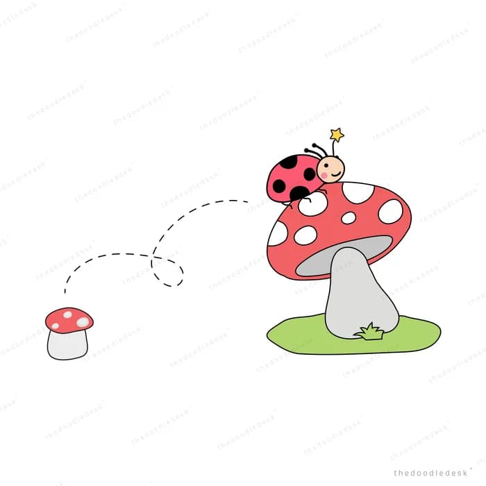 Ladybug hopping from a small mushroom onto a large red toadstool