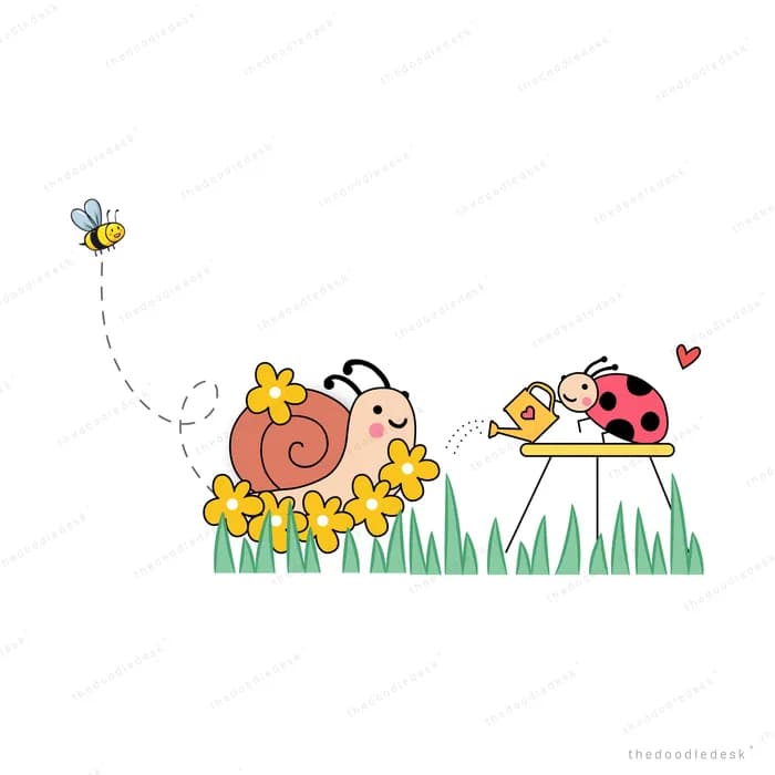 Snail and ladybug among grass and yellow flowers flying a bee kite