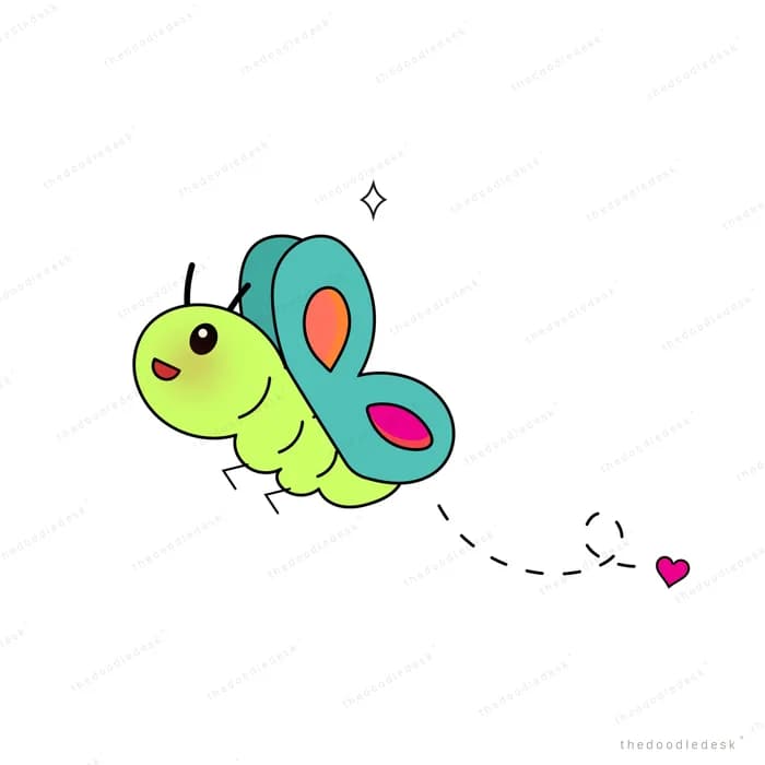 Green butterfly flying with a small heart trailing behind