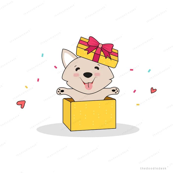Puppy popping out of a yellow gift box wearing the ribboned lid as a hat