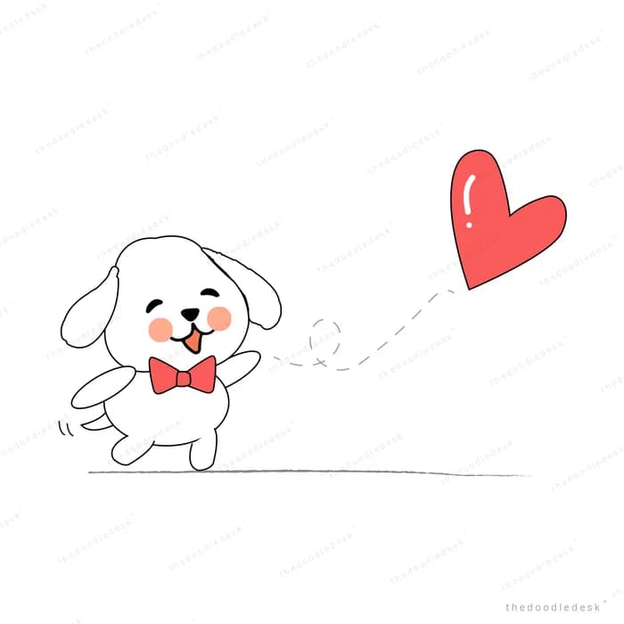 White puppy in a red bow tie chasing a floating red heart