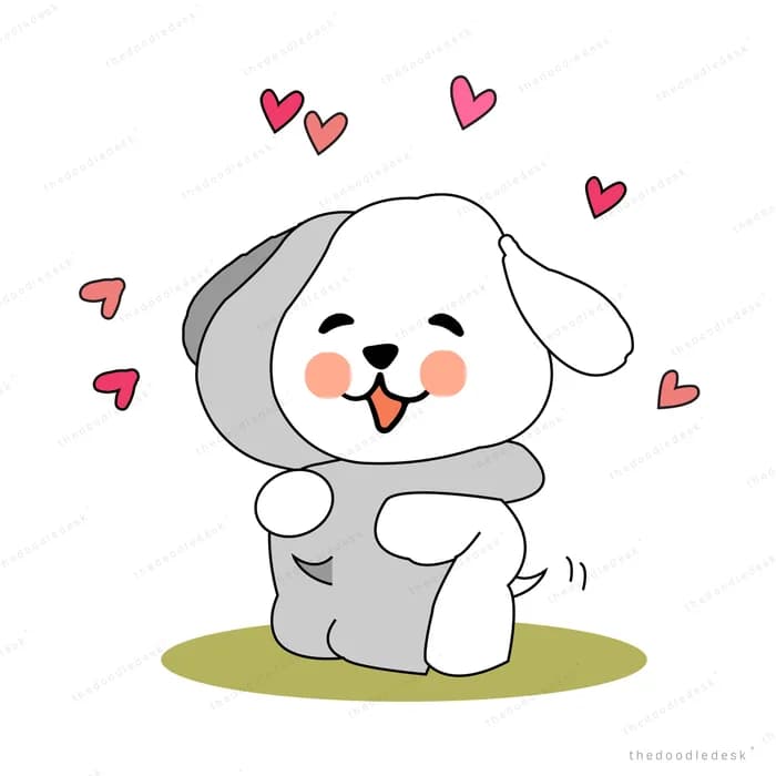 White puppy sitting on grass surrounded by floating hearts