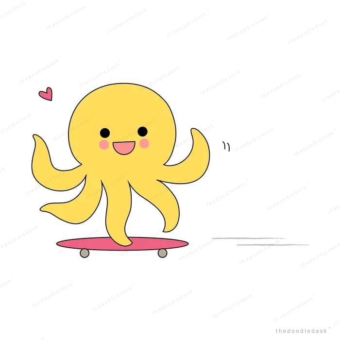Yellow octopus riding a pink skateboard