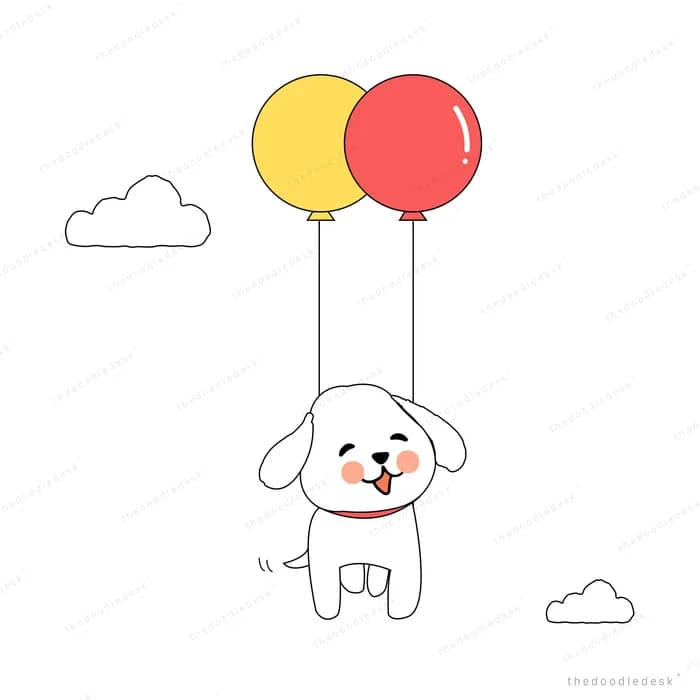 White puppy floating up into the clouds holding two balloons