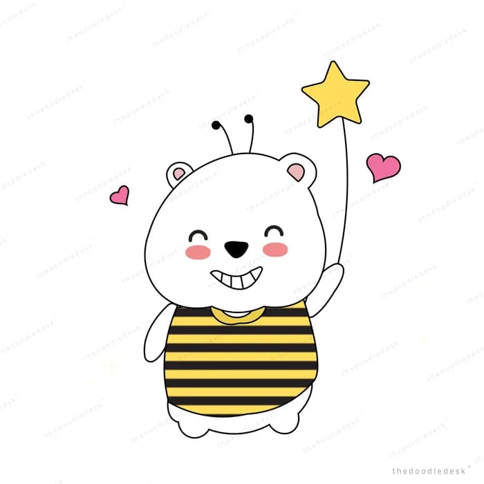 White bear in a bee costume holding up a yellow star