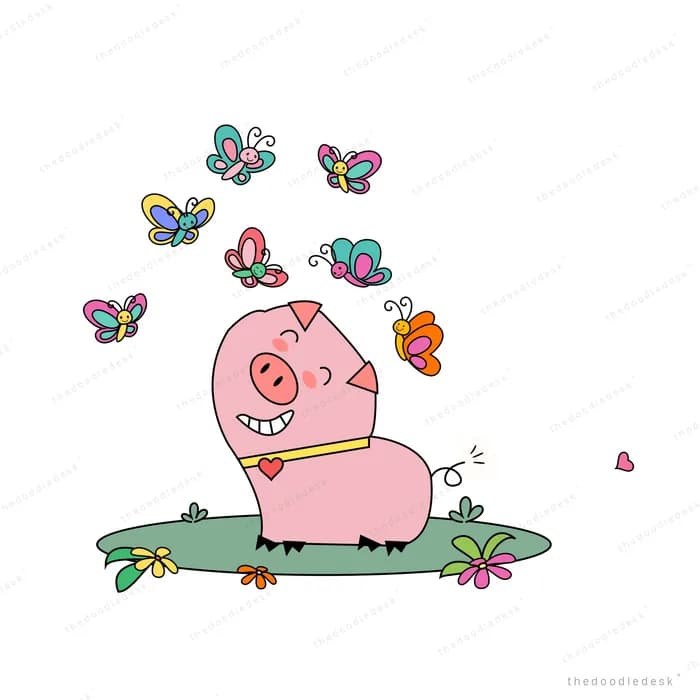 Pink pig sitting on grass surrounded by fluttering butterflies