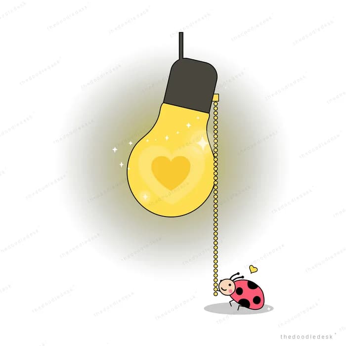 Ladybug pulling the cord of a glowing bulb with a heart filament in the dark