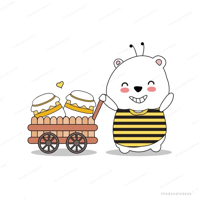 Bear in a bee costume pulling a cart loaded with honey jars