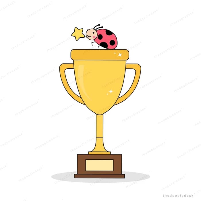 Ladybug holding a gold star on top of a large trophy