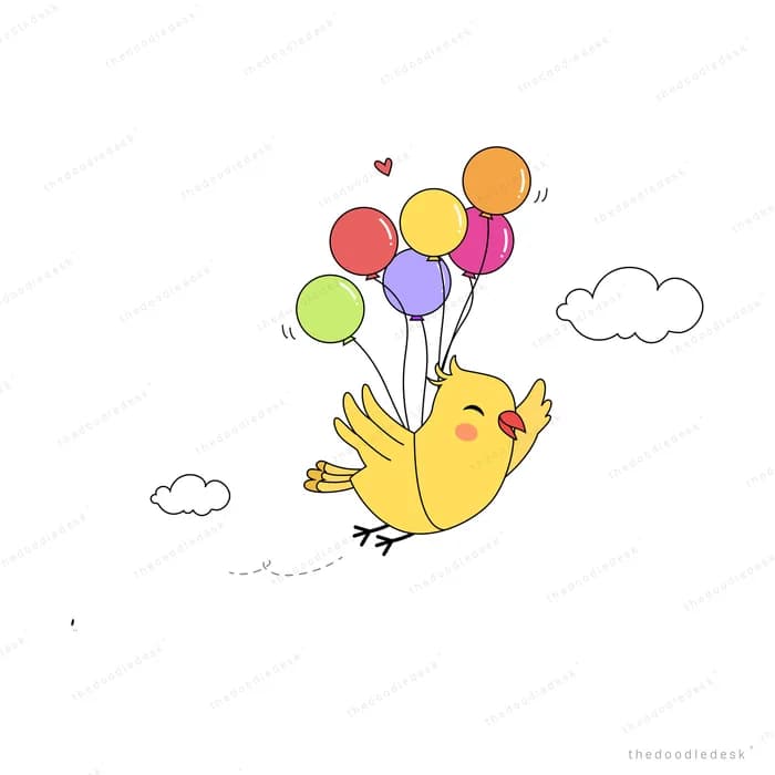 Yellow bird flying while carrying a bunch of colourful balloons