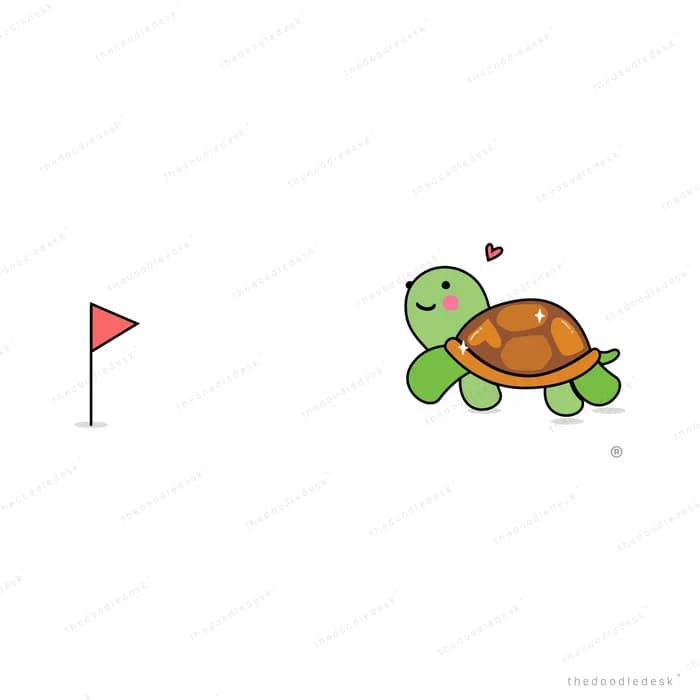 Turtle walking toward a small red flag on a pole