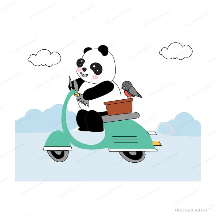 Panda riding a green scooter with a bird sitting in the front basket