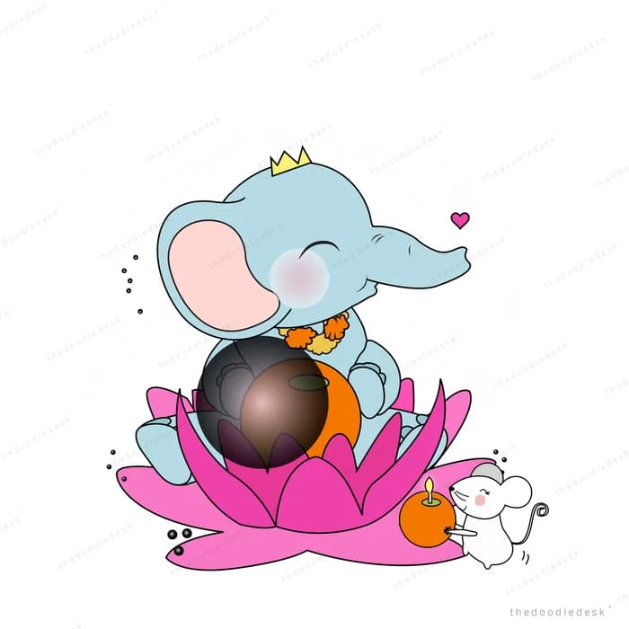 Crowned elephant sitting on a pink lotus beside a dark orb with a small mouse