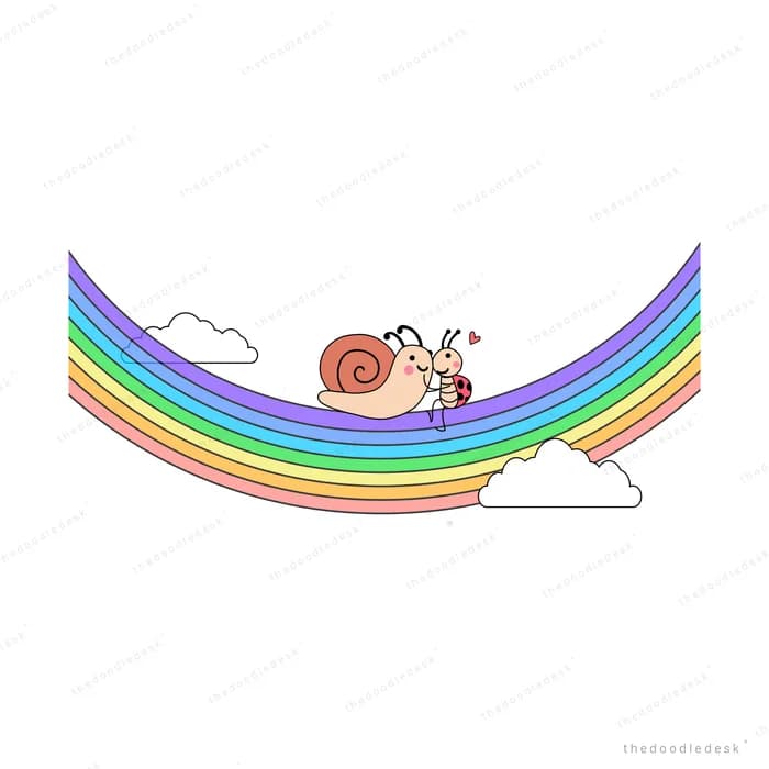 Snail and ladybug resting in the curve of a rainbow above the clouds